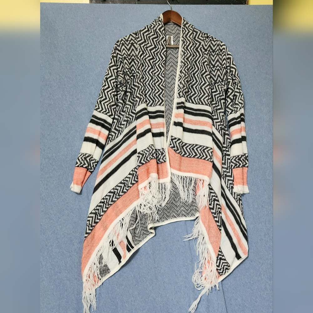 Vanity pink black white zig zag striped fringe cardigan sweater. USA. Size large
